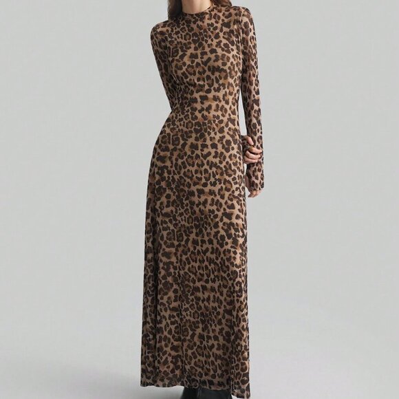 Brown Elegant Women's Leopard Print Digital Pattern Sexy Long maxi Dress - Picture 4 of 9